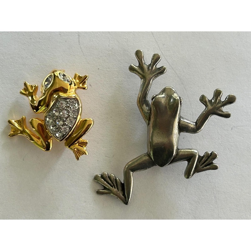 Two Whimsical Frog Brooches Pewter Danforth and Rhinestone